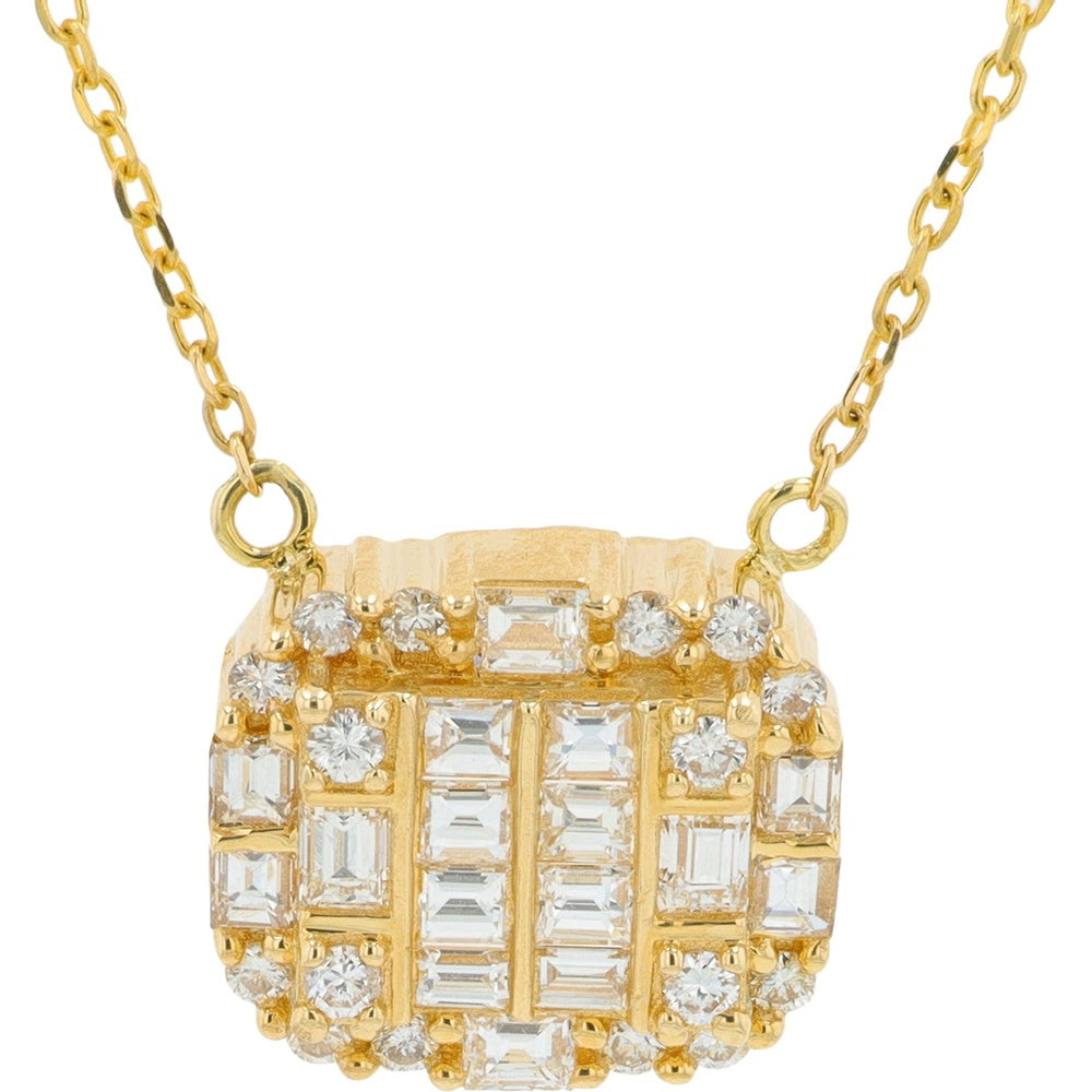 14K Yellow Gold Geometric Pendant Necklace with Round and Baguette Diamonds - 1.25 Carat Total Diamond Weight
