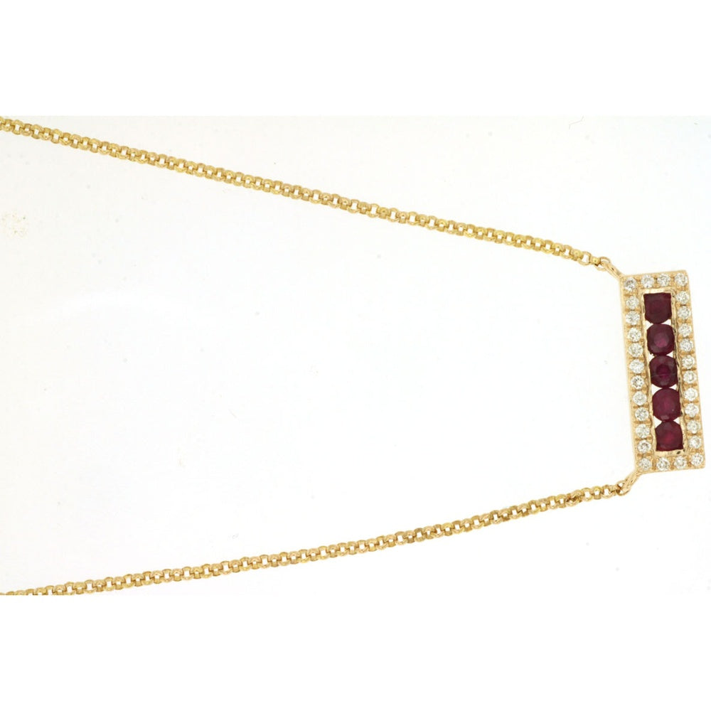 14K Yellow Gold Geometric Pendant Necklace with Round Rubies and Diamond Frame - 0.25 Carat Total Ruby Weight and 0.08 Carat Total Diamond Weight - Royal Jewelry