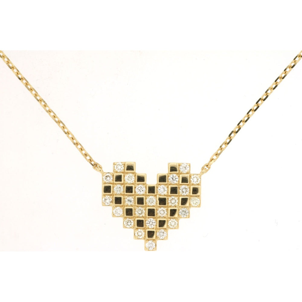 14K Yellow Gold Geometric Pixel Heart Pendant Necklace with Round Diamonds - 0.30 Carat Total Diamond Weight - Royal Jewelry