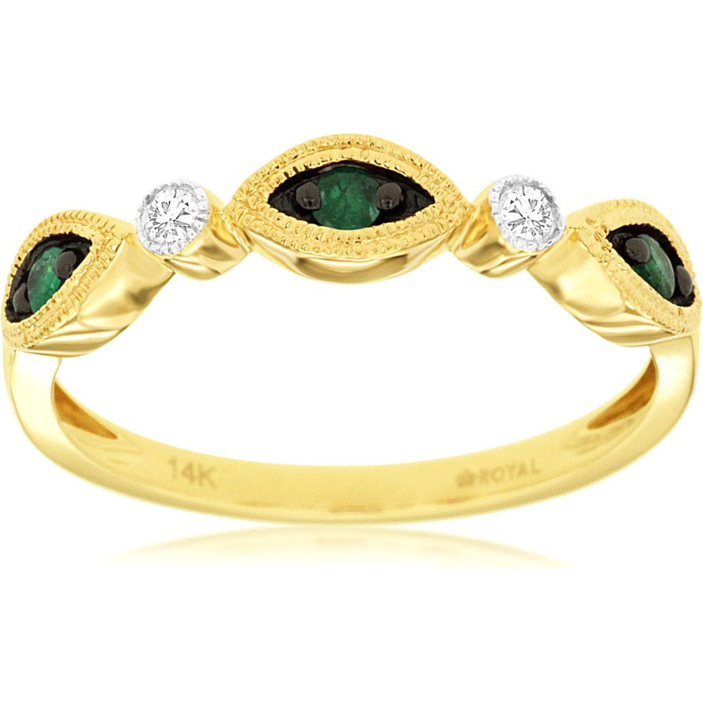 14K Yellow Gold Geometric Ring with Alternating Round Emeralds and Diamonds - 0.14 Carat Total Emerald Weight and 0.04 Carat Total Diamond Weight - Royal Jewelry