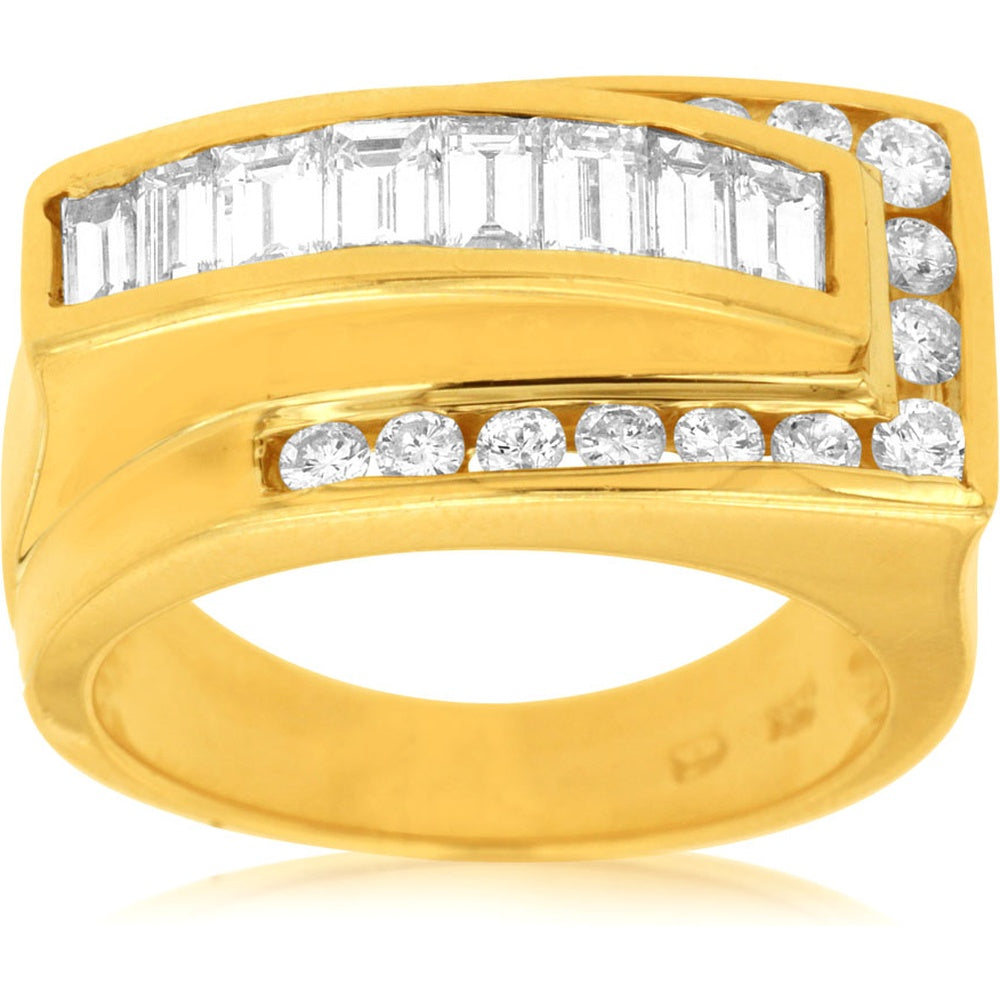 14K Yellow Gold Geometric Ring with Channel-Set Baguette and Round Diamonds - 1.76 Carat Total Diamond Weight - Royal Jewelry