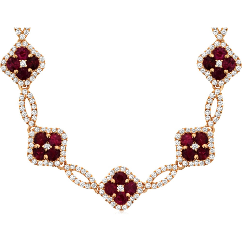 14K Yellow Gold Geometric Ruby and Diamond Halo Link Necklace with Round Rubies - 1.50 Carat Ruby Total Weight and 0.93 Carat Diamond Total Weight - Royal Jewelry