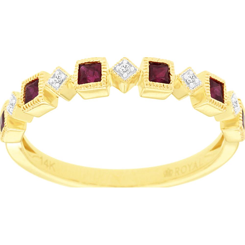 14K Yellow Gold Geometric Ruby and Diamond Ring with Princess Cut Rubies - 0.43 Carat Total Ruby Weight and 0.02 Carat Total Diamond Weight - Royal Jewelry