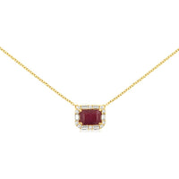 14K Yellow Gold Geometric Ruby Necklace with Round and Baguette Diamond Halo - 1.10 Carat Ruby & 0.18 Carat Total Diamond Weight - Royal Jewelry