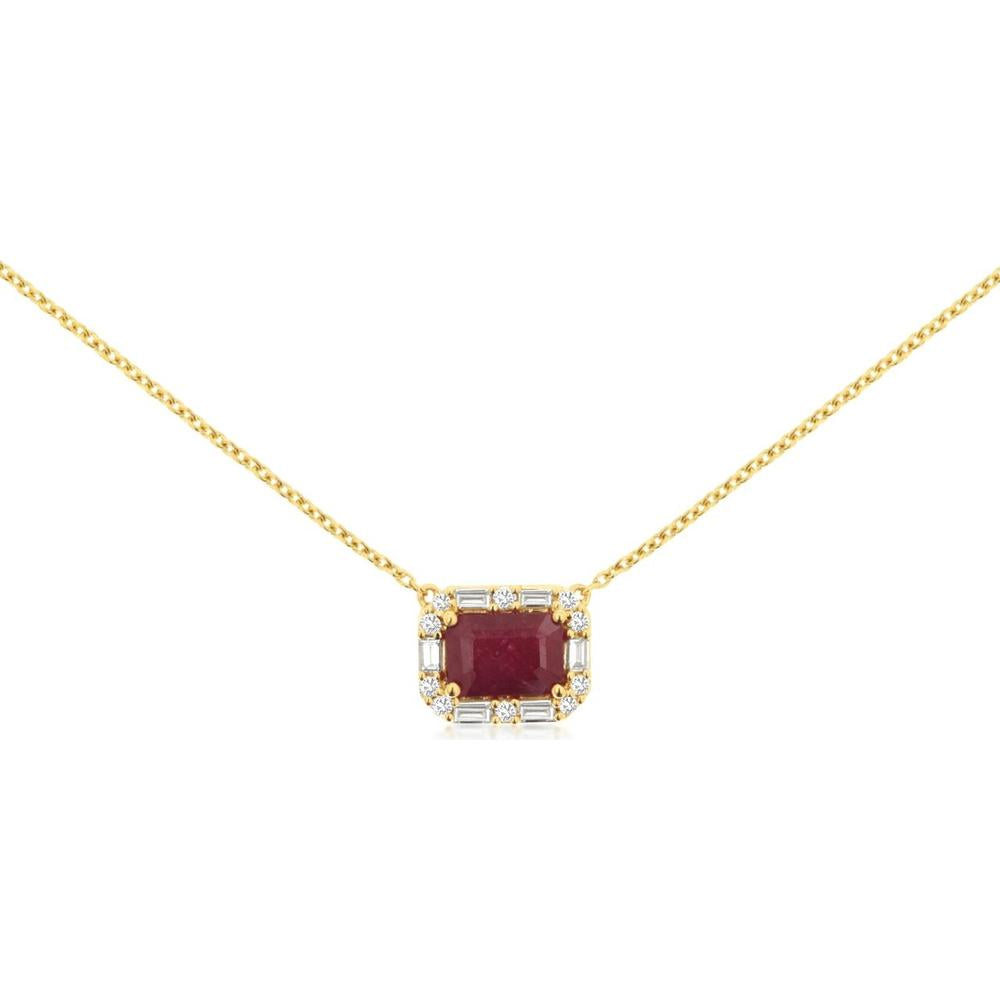 14K Yellow Gold Geometric Ruby Necklace with Round and Baguette Diamond Halo - 1.10 Carat Ruby & 0.18 Carat Total Diamond Weight - Royal Jewelry