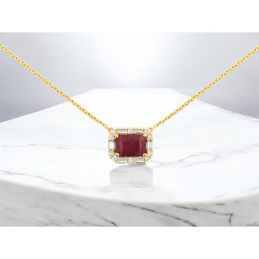 14K Yellow Gold Geometric Ruby Necklace with Round and Baguette Diamond Halo - 1.10 Carat Ruby & 0.18 Carat Total Diamond Weight - Royal Jewelry