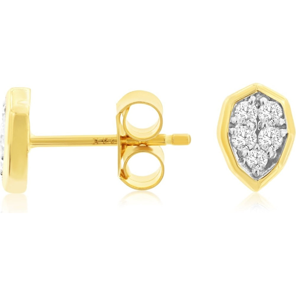 14K Yellow Gold Geometric Shield Stud Earrings with Illusion Set Round Diamonds - 0.19 Carat Total Diamond Weight - Royal Jewelry