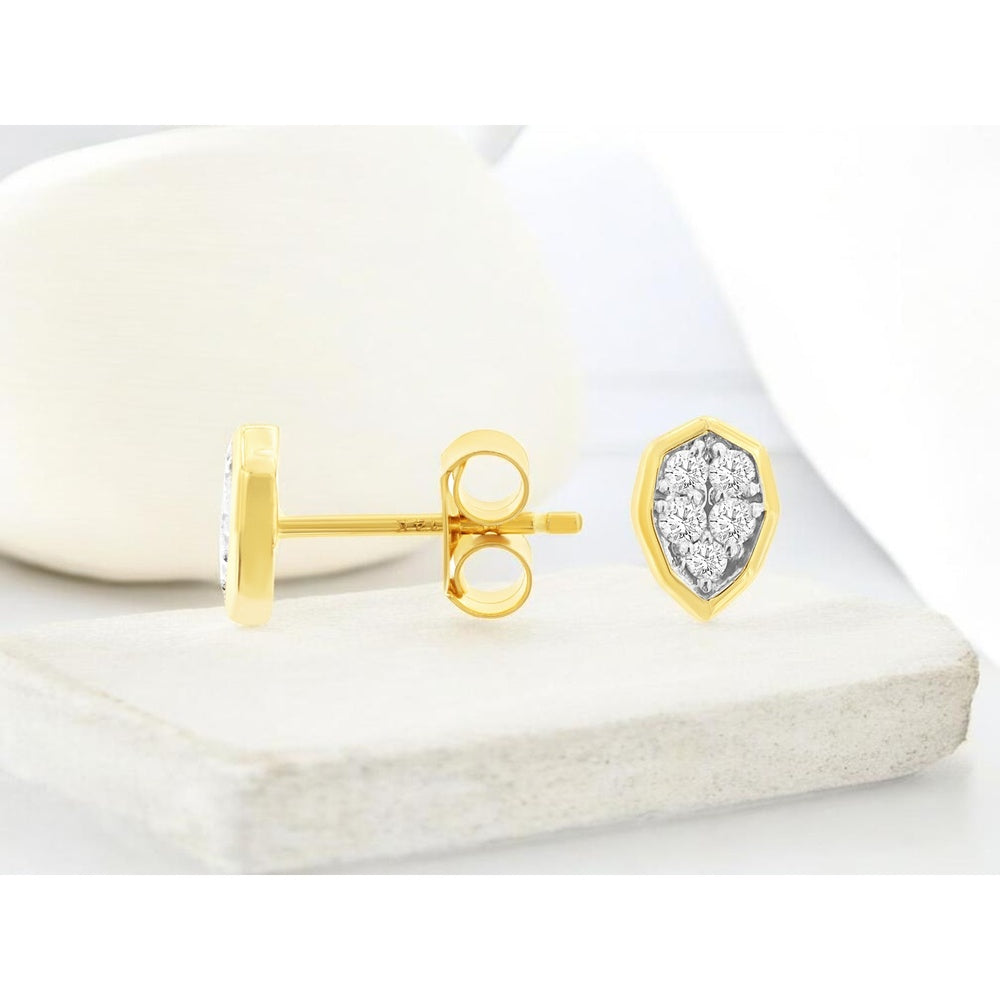14K Yellow Gold Geometric Shield Stud Earrings with Illusion Set Round Diamonds - 0.19 Carat Total Diamond Weight - Royal Jewelry