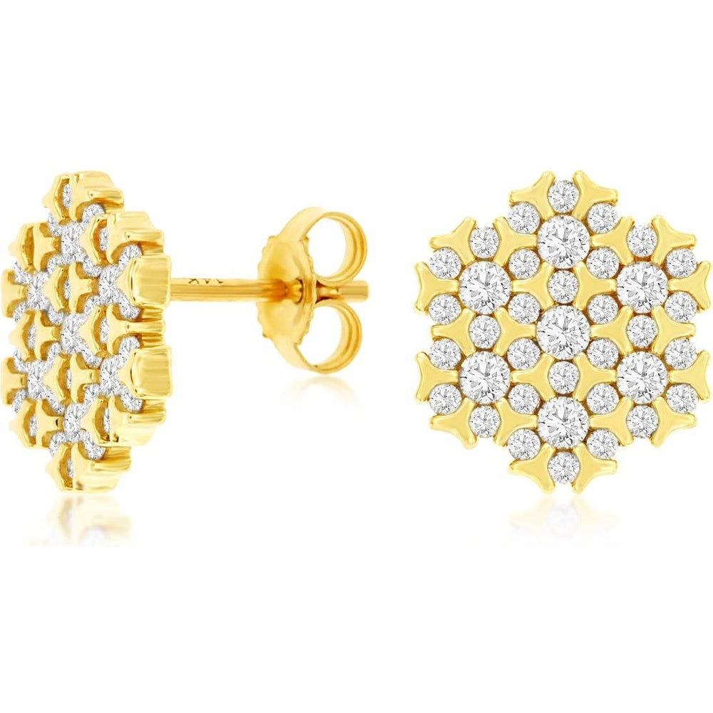 14K Yellow Gold Geometric Snowflake Stud Earrings with Prong-Set Round Diamonds - 0.75 Carat Total Diamond Weight - Royal Jewelry