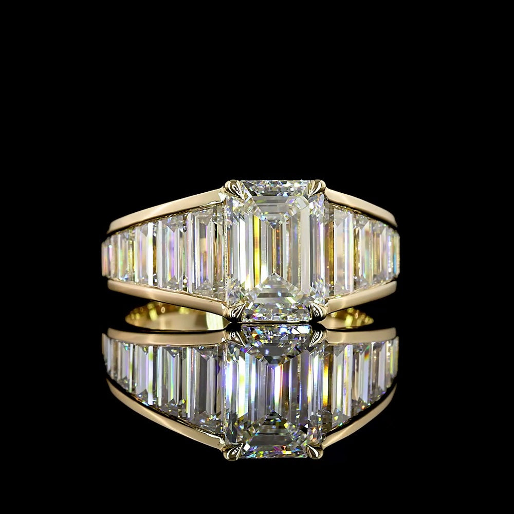 14K Yellow Gold Geometric Special Ring with 2.16 Carat Emerald Cut Lab Diamond Center and Graduated Baguette Lab Diamonds - 4.49 Carat Total Diamond Weight - Covaloro Fine Jewelry
