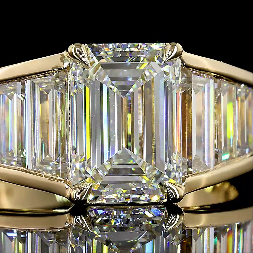 14K Yellow Gold Geometric Special Ring with 2.16 Carat Emerald Cut Lab Diamond Center and Graduated Baguette Lab Diamonds - 4.49 Carat Total Diamond Weight - Covaloro Fine Jewelry