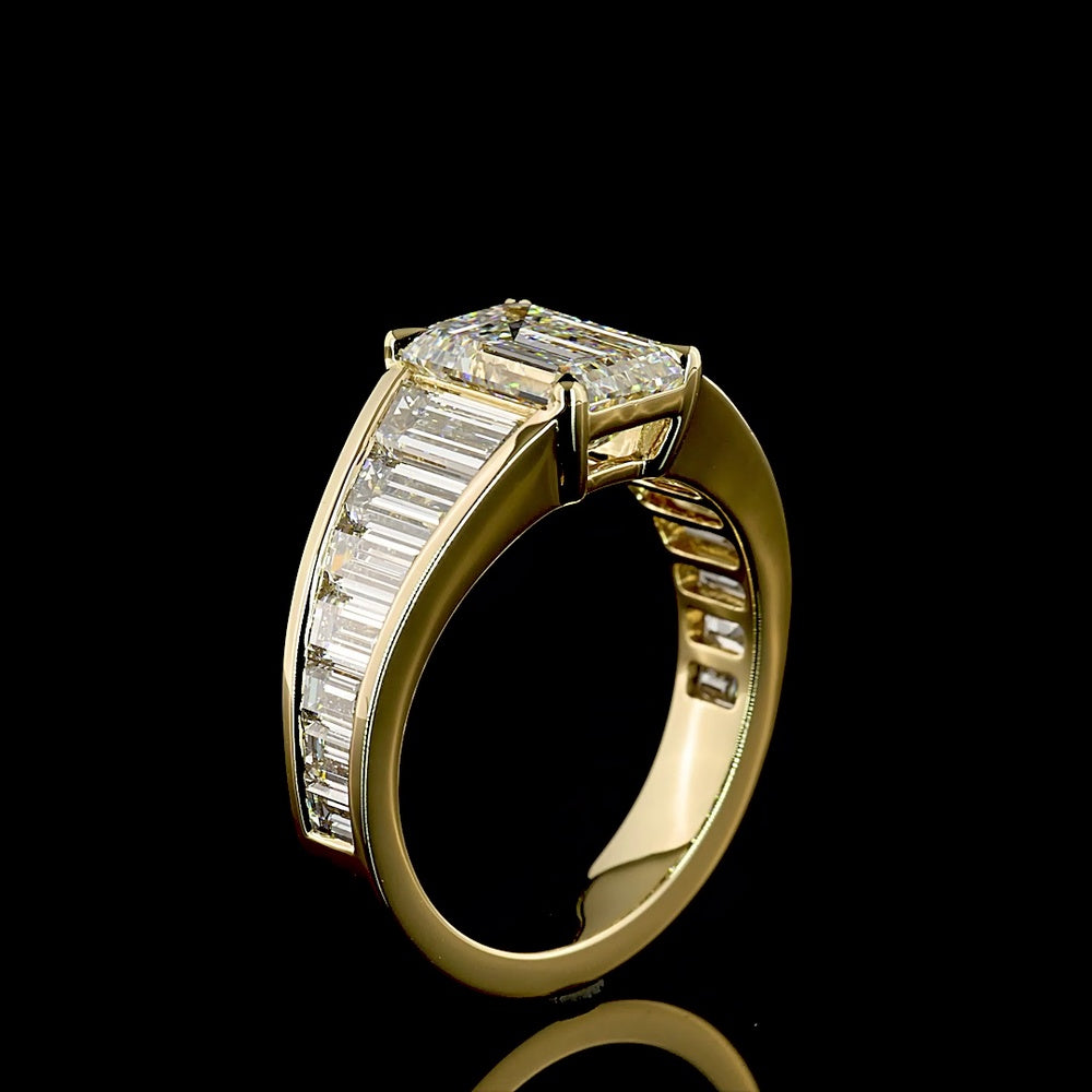 14K Yellow Gold Geometric Special Ring with 2.16 Carat Emerald Cut Lab Diamond Center and Graduated Baguette Lab Diamonds - 4.49 Carat Total Diamond Weight - Covaloro Fine Jewelry