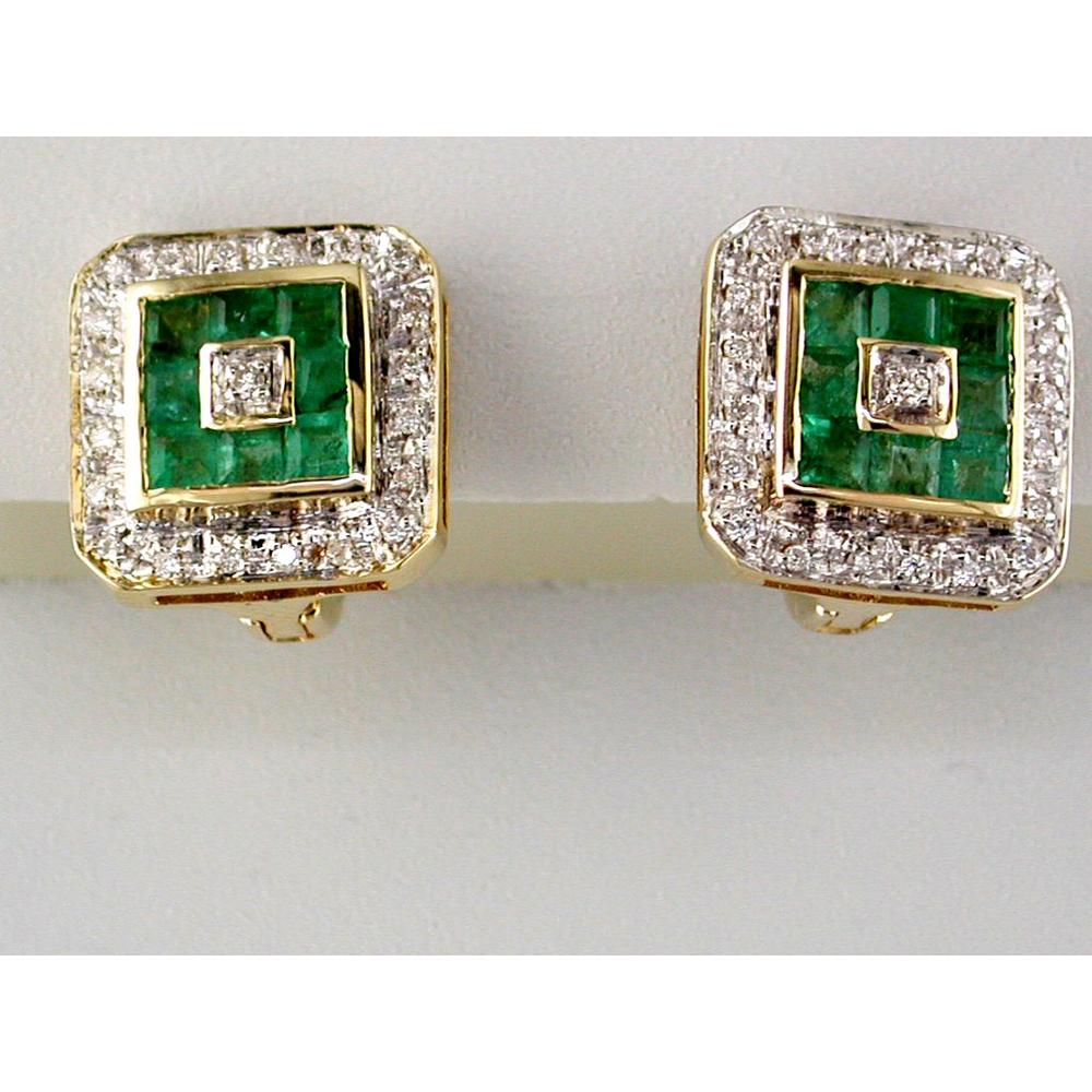 14K Yellow Gold Geometric Square Halo Earrings with Princess-Cut Emeralds (0.90 Carat Total) and Princess-Cut Diamonds (0.26 Carat Total) - Royal Jewelry