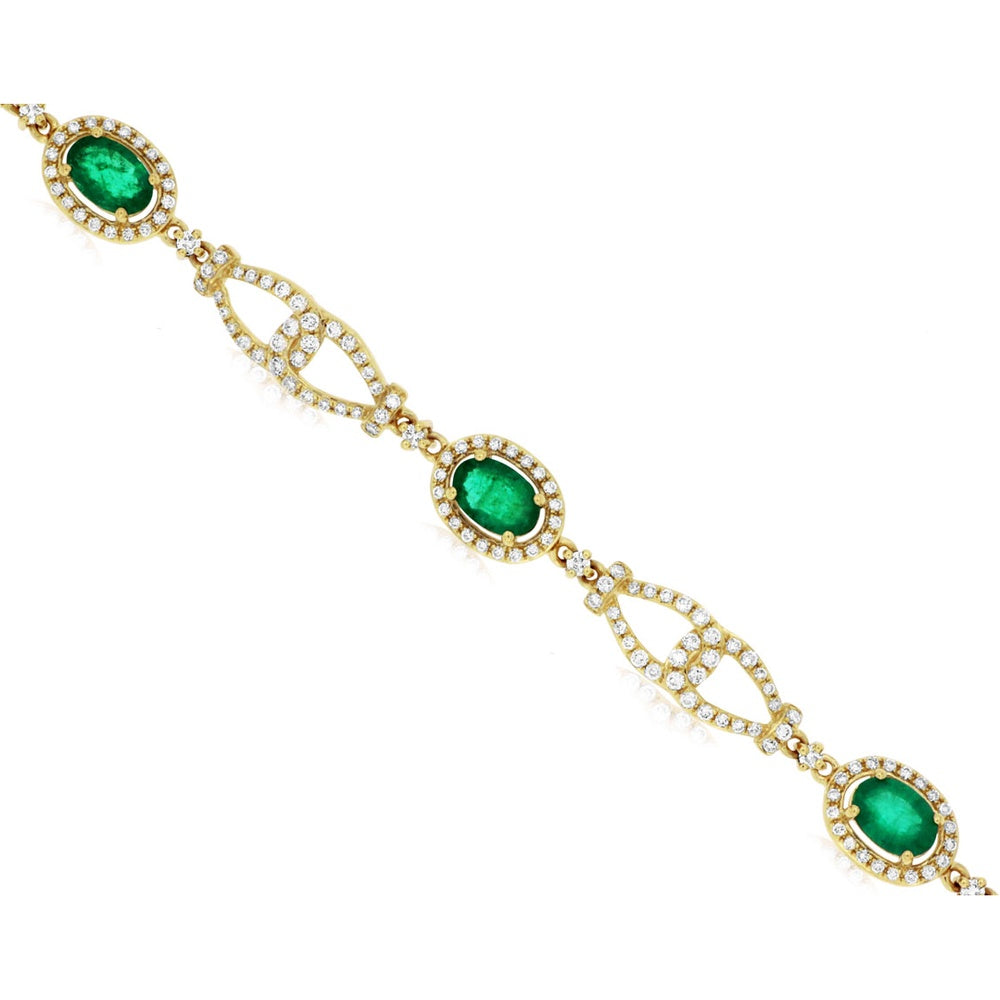 14K Yellow Gold Geometric Station Bracelet with Halo Set Oval Emeralds and Pave Diamonds - 2.50 Carat Total Emerald Weight and 1.44 Carat Total Diamond Weight - Royal Jewelry