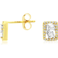 14K Yellow Gold Geometric Stud Earrings with Baguette and Round Diamond Cluster Halo - 0.20 Carat Total Diamond Weight - Royal Jewelry
