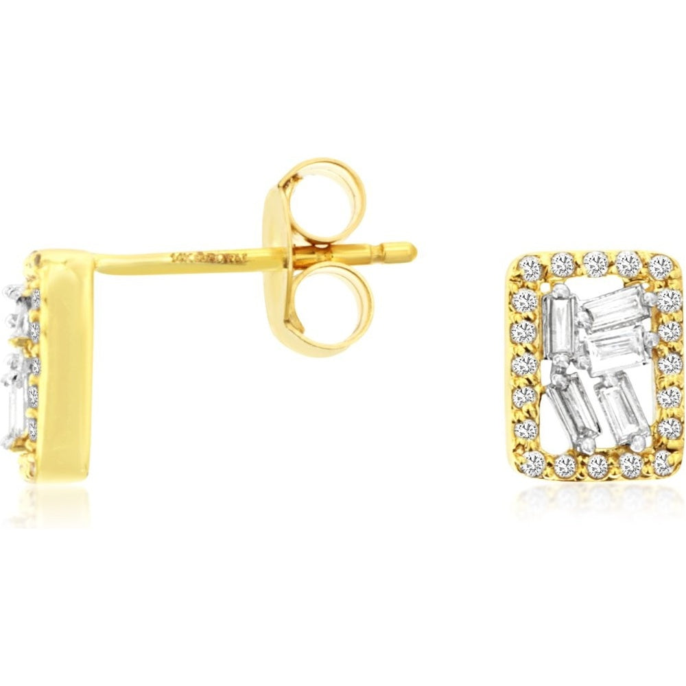 14K Yellow Gold Geometric Stud Earrings with Baguette and Round Diamond Cluster Halo - 0.20 Carat Total Diamond Weight - Royal Jewelry