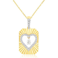 14K Yellow Gold Geometric Sunburst Pendant Necklace with Pear and Round Diamond Heart Motif - 0.22 Carat Total Diamond Weight - Royal Jewelry