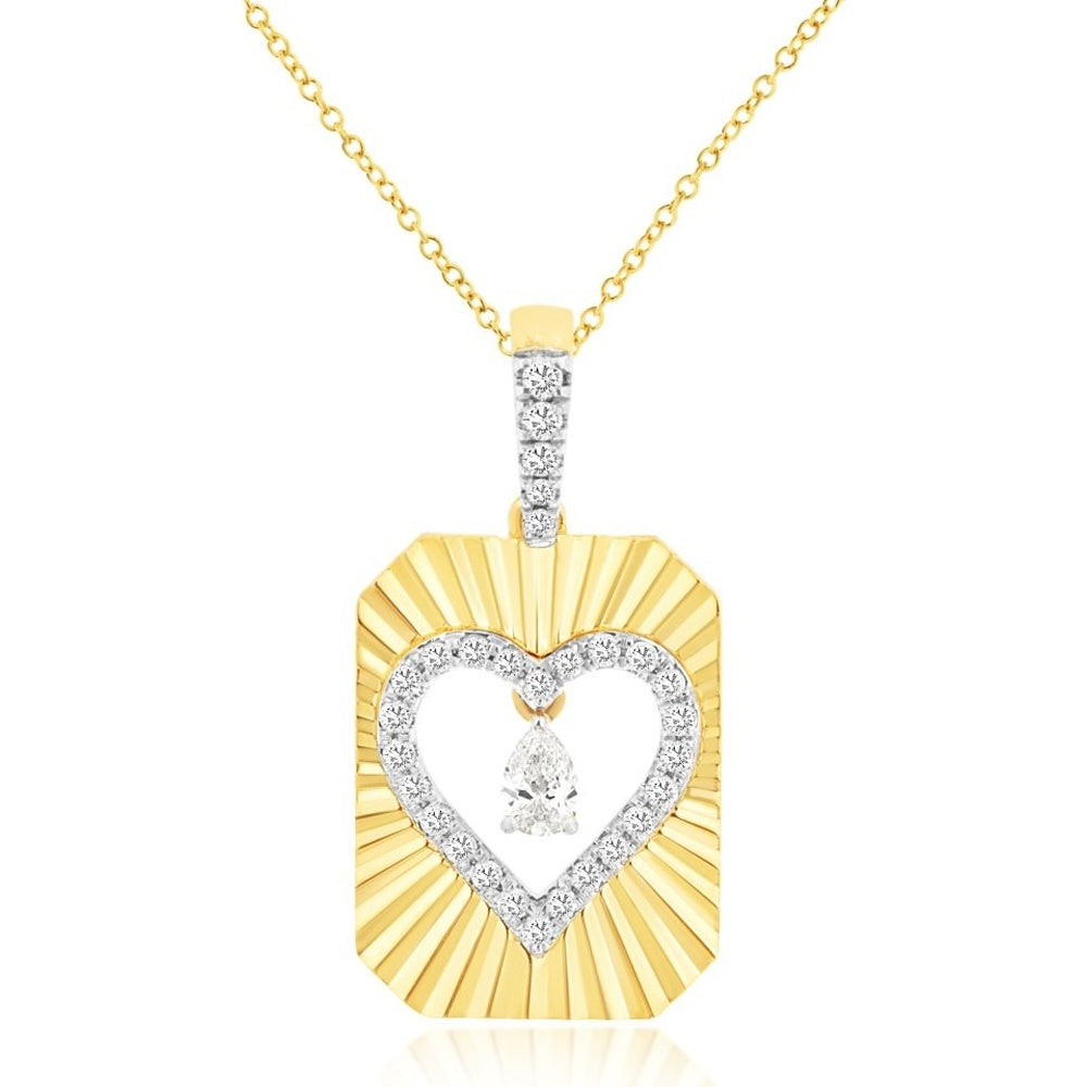 14K Yellow Gold Geometric Sunburst Pendant Necklace with Pear and Round Diamond Heart Motif - 0.22 Carat Total Diamond Weight - Royal Jewelry