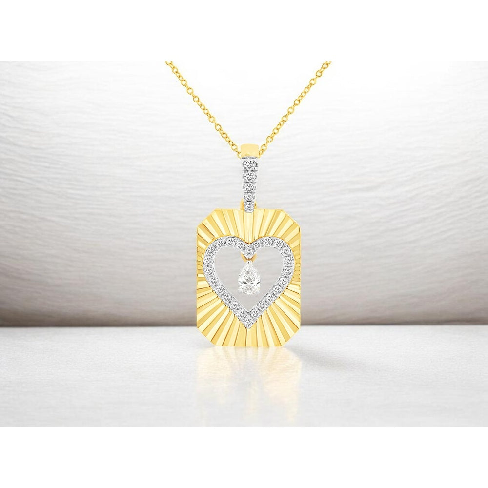 14K Yellow Gold Geometric Sunburst Pendant Necklace with Pear and Round Diamond Heart Motif - 0.22 Carat Total Diamond Weight - Royal Jewelry