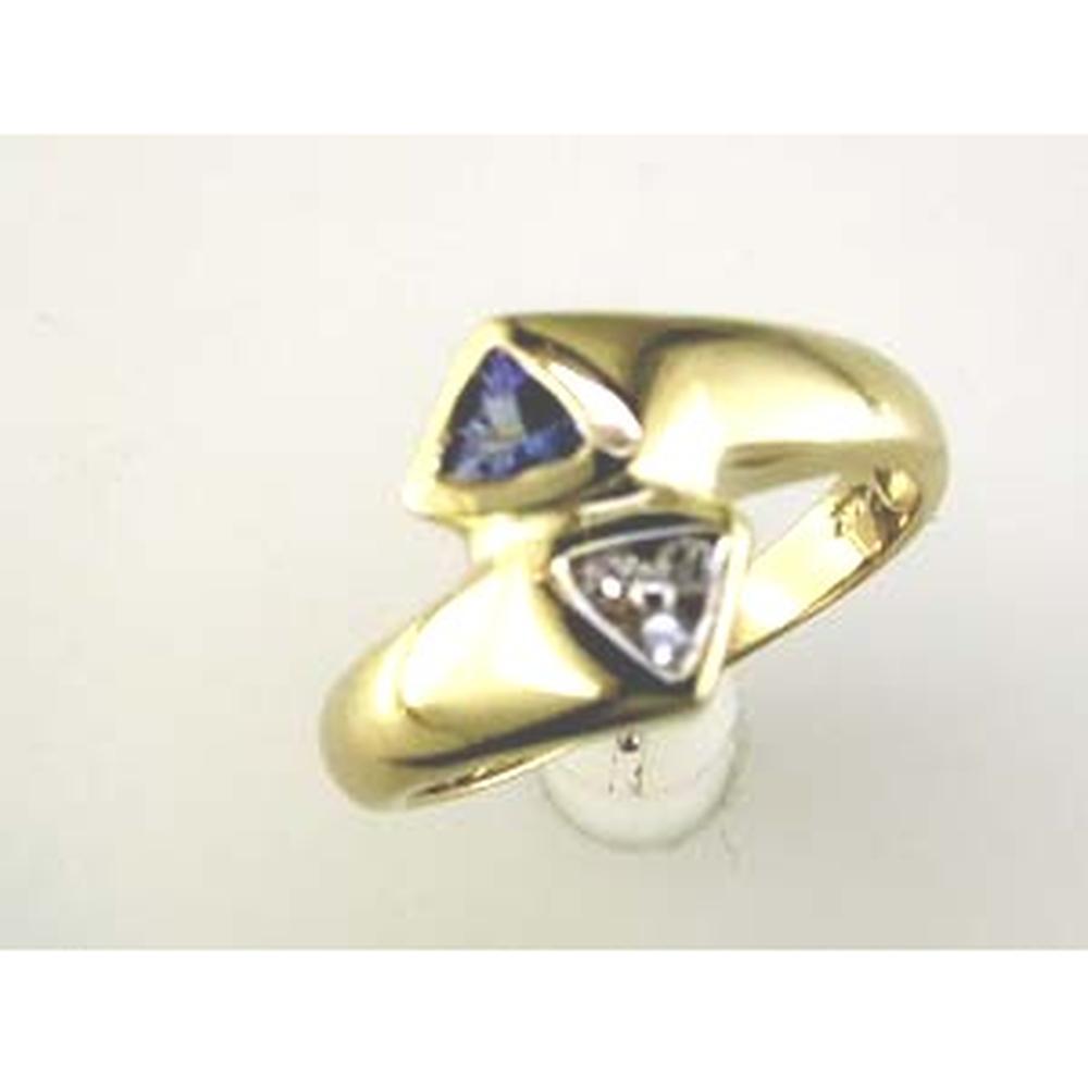 14K Yellow Gold Geometric Trillion Cut Tanzanite Ring with Round Diamond Accent - 0.25 Carat Tanzanite, 0.07 Carat Diamond - Royal Jewelry