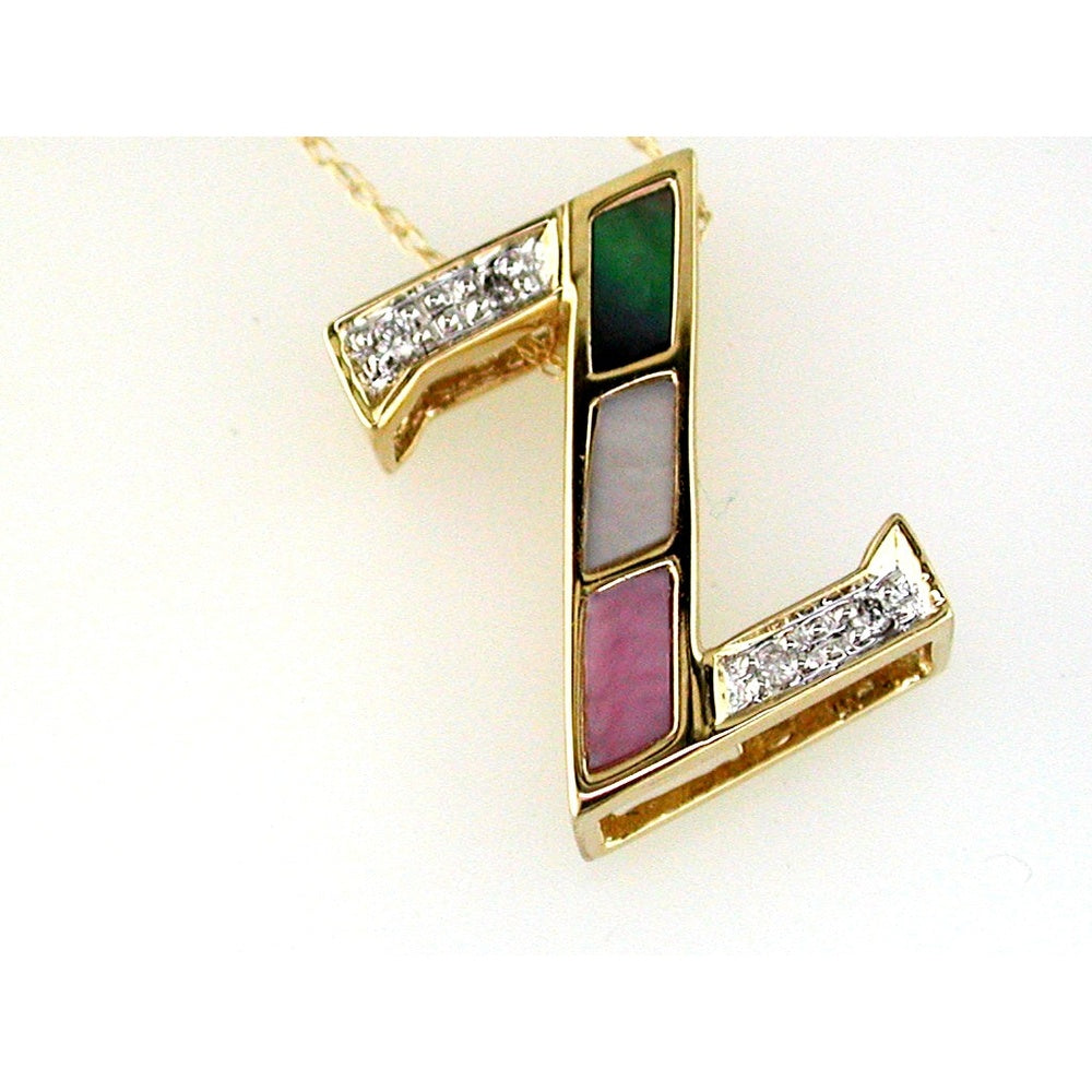 14K Yellow Gold Geometric "Z" Initial Pendant with Pavé Round Diamonds and Mother of Pearl Inlay - 0.04 Carat Total Diamond Weight - Royal Jewelry
