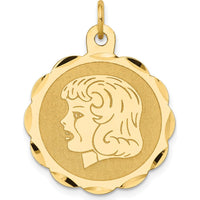 14K Yellow Gold Girl Profile Engravable Scalloped Disc Charm - 22mm by Oro Pregiato