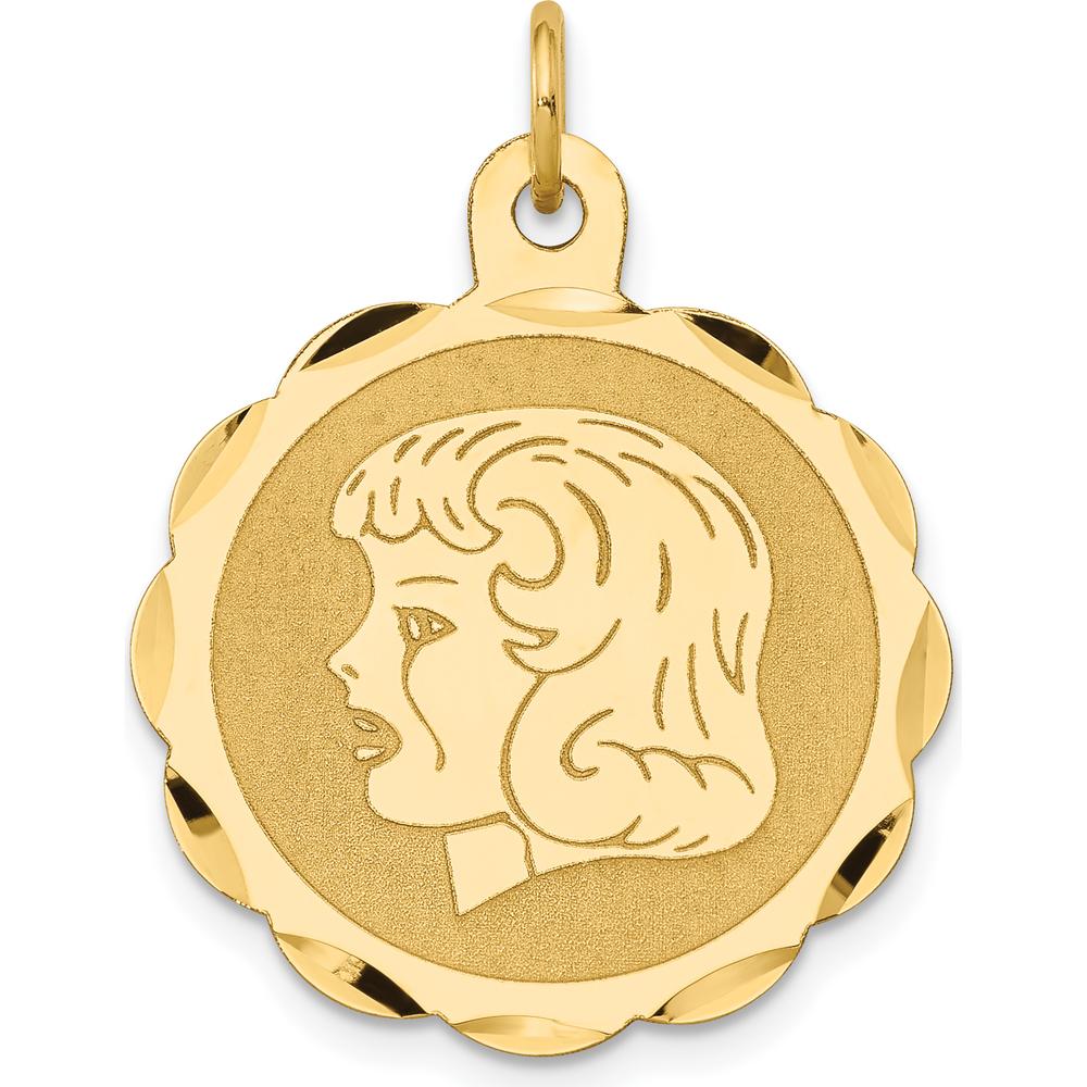 14K Yellow Gold Girl Profile Engravable Scalloped Disc Charm - 22mm by Oro Pregiato