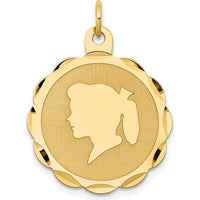 14K Yellow Gold Girl Silhouette Engravable Scalloped Disc Charm by Oro Pregiato