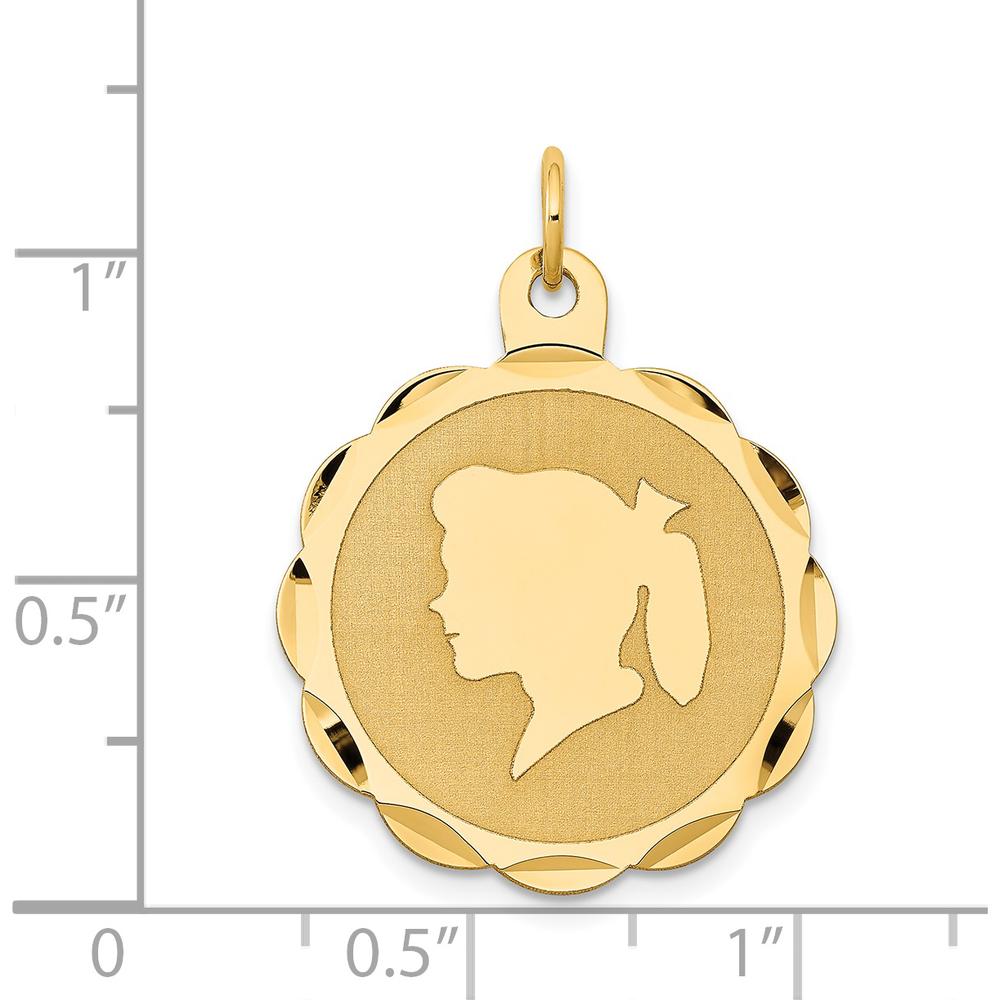 14K Yellow Gold Girl Silhouette Engravable Scalloped Disc Charm by Oro Pregiato