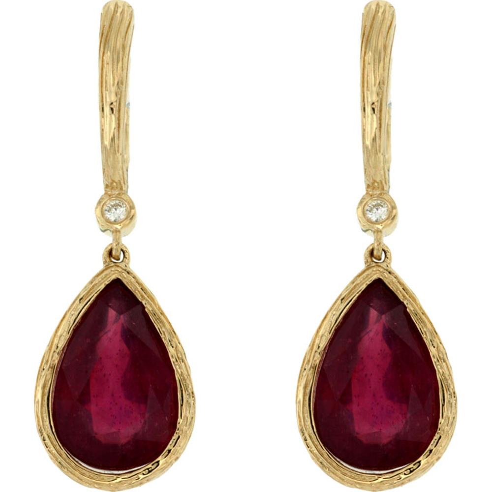 14K Yellow Gold Glass-Filled Ruby & Diamond Drop Earrings - 7.30 Carats Total Ruby Weight