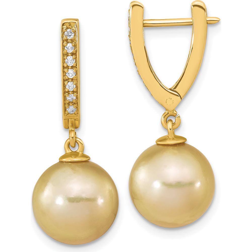 14K Yellow Gold Golden South Sea Saltwater Cultured Pearl and Diamond Dangle Earrings - 0.105 Carat Total Diamond Weight by Monteluci Fine Jewelry