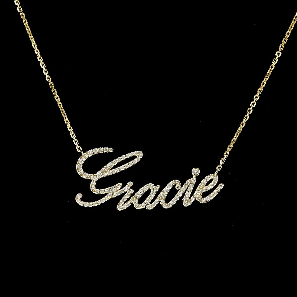 14K Yellow Gold "Gracie" Cursive Name Pendant with 0.43 Carat Total Weight Round Brilliant Lab Diamonds - Covaloro Fine Jewelry