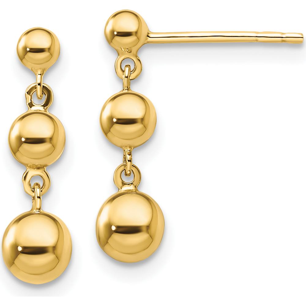 14K Yellow Gold Graduated 3-Ball Drop Earrings - Polished Finish, 18mm Length by 0