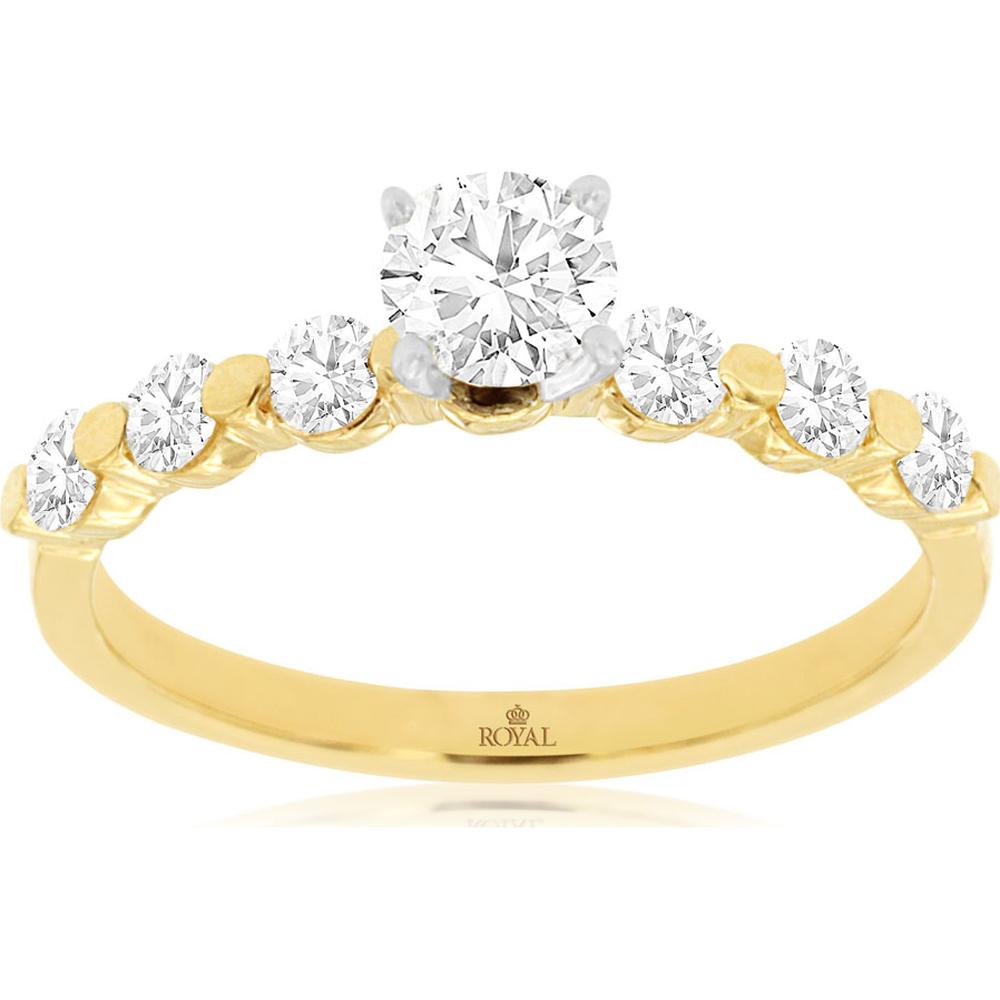 14K Yellow Gold Graduated Diamond Engagement Ring with Round Brilliant Center Stone and Accent Diamonds - 0.82 Carat Total Diamond Weight - Royal Jewelry