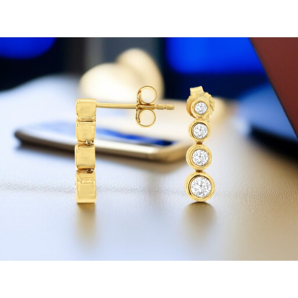 14K Yellow Gold Graduated Drop Earrings with Bezel Set Round Diamonds - 0.33 Carat Total Diamond Weight - Royal Jewelry