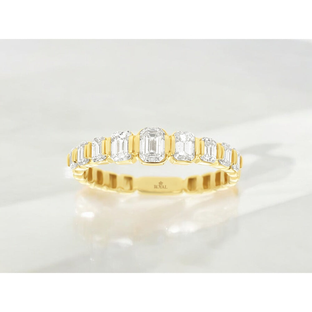 14K Yellow Gold Graduated Emerald Cut Diamond Wedding Band with Bar Setting - 1.00 Carat Total Diamond Weight - Royal Jewelry