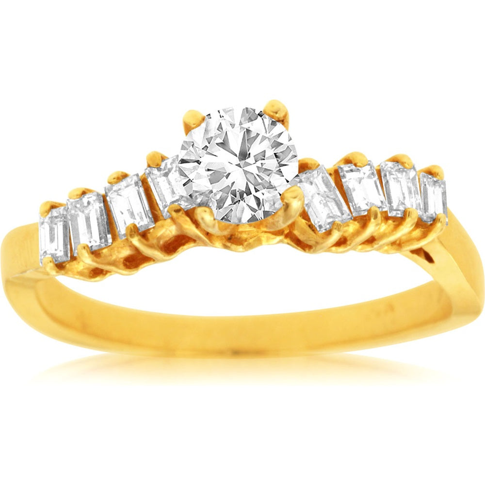 14K Yellow Gold Graduated Engagement Ring with 0.42 Carat Round Center Diamond and Baguette Accent Diamonds - 0.90 Carat Total Diamond Weight - Royal Jewelry
