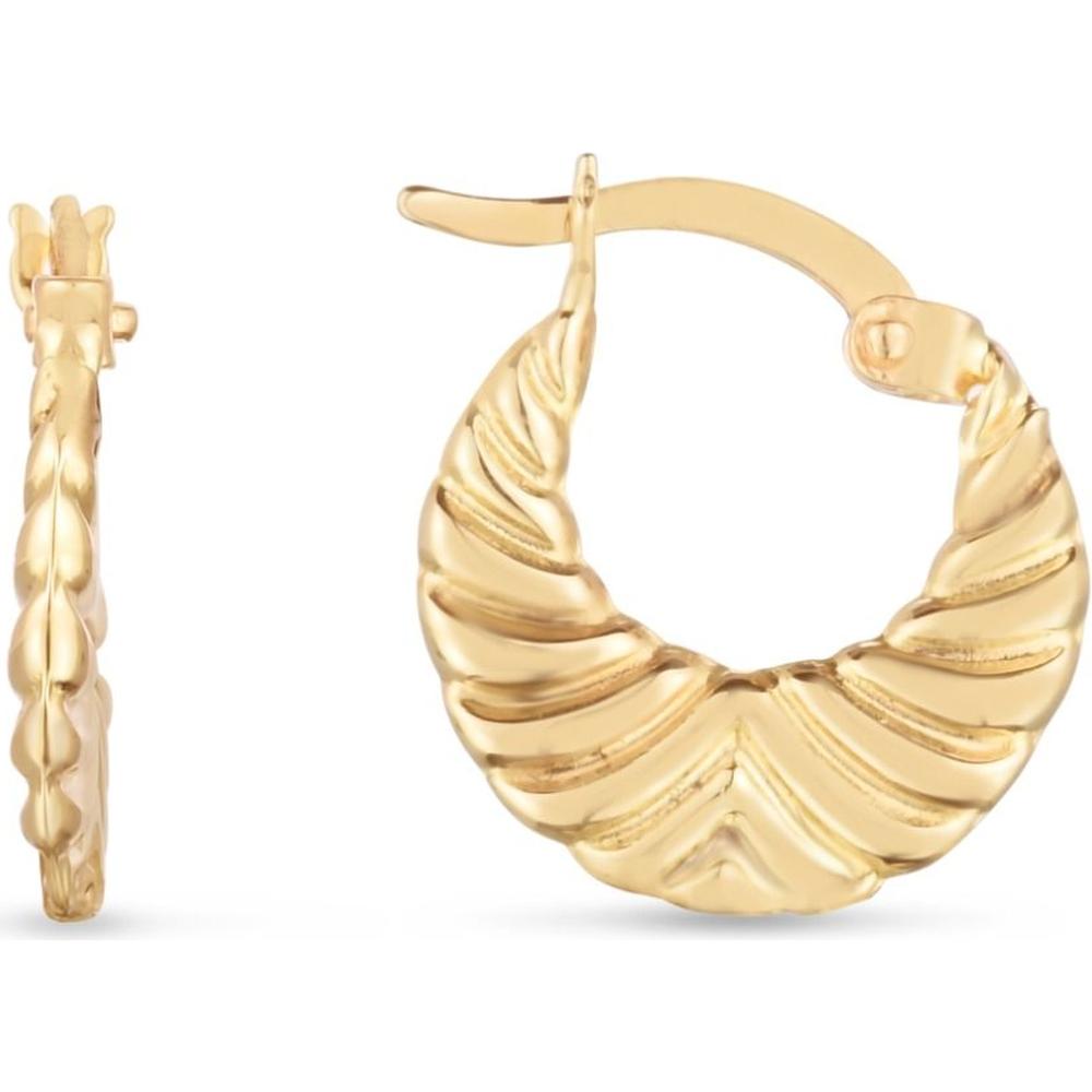 14K Yellow Gold Graduated Grooved Fancy Hoop Earrings with Diamond-Cut Finish - Fall 2022 Collection by Orozza Fine Jewelry
