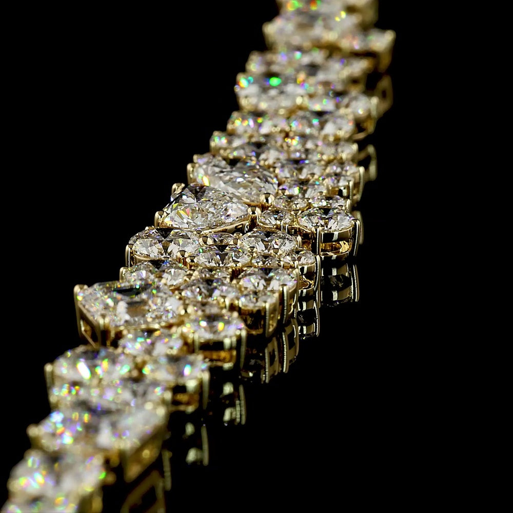 14K Yellow Gold Graduated Mixed Shape Necklace with Asscher and Heart Cut Lab Diamonds - 18.38 Carat Total Diamond Weight - Covaloro Fine Jewelry