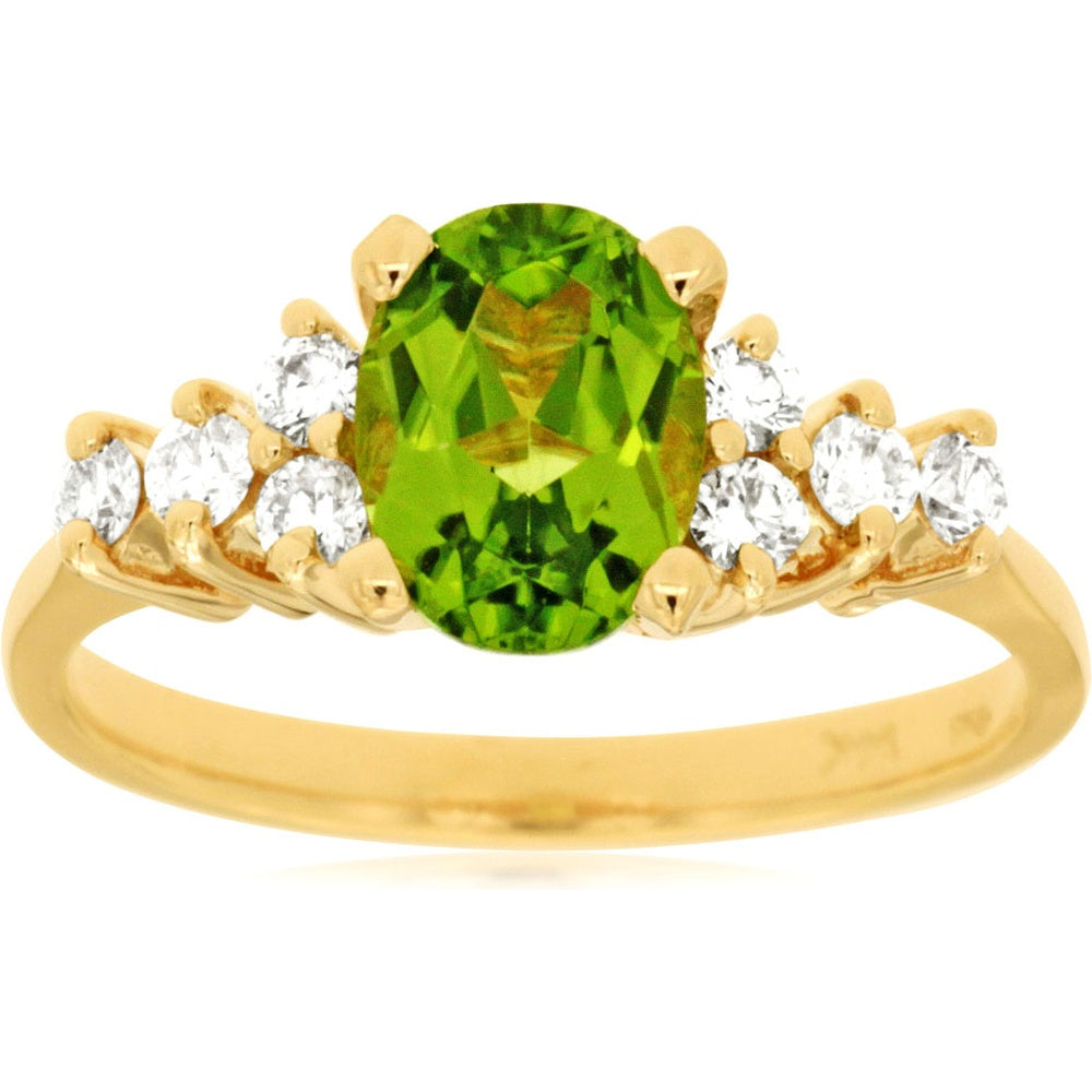 14K Yellow Gold Graduated Oval Peridot Ring with Round Diamond Accents - 1.25 Carat Peridot and 0.35 Carat Total Diamond Weight - Royal Jewelry
