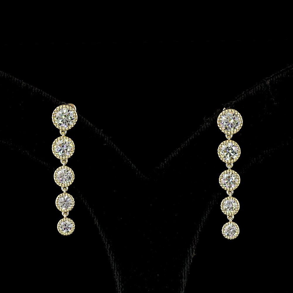14K Yellow Gold Graduated Round Lab Diamond Hanging Drop Earrings - 2.85 Carat Total Diamond Weight, Bezel Set with E-F VS Clarity - Covaloro Fine Jewelry