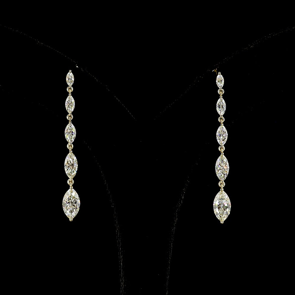 14K Yellow Gold Graduating Marquise Lab Diamond Hanging Earrings - 3.54 Carat Total Weight, E-F Color, VS Clarity - Covaloro Fine Jewelry