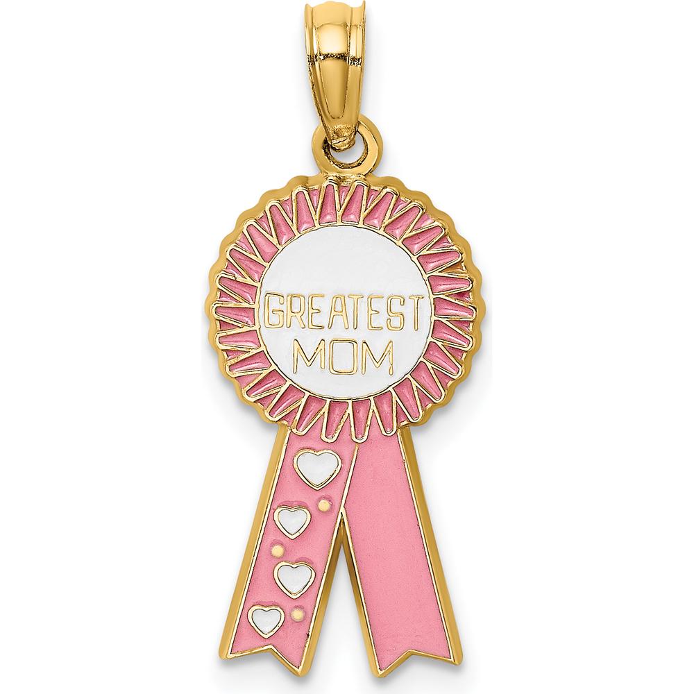 14K Yellow Gold "Greatest Mom" Enameled Pink Ribbon Charm by Oro Pregiato