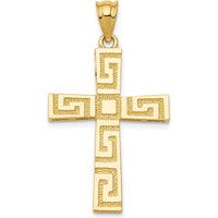 14K Yellow Gold Greek Key Cross Pendant - Solid Gold, Geometric Design, 35mm Length by Oro Pregiato