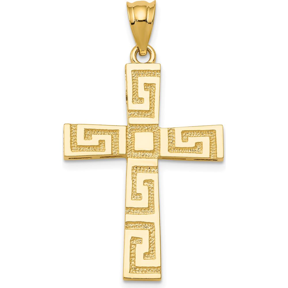 14K Yellow Gold Greek Key Cross Pendant - Solid Gold, Geometric Design, 35mm Length by Oro Pregiato