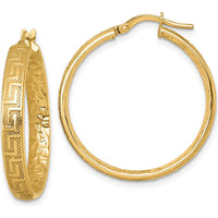 14K Yellow Gold Greek Key Design Textured Tube Hoop Earrings - 28mm by 0