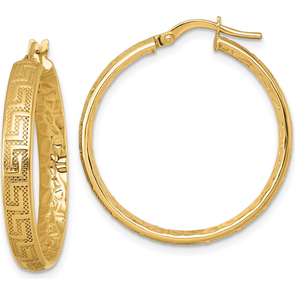 14K Yellow Gold Greek Key Design Textured Tube Hoop Earrings - 28mm by 0