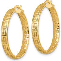 14K Yellow Gold Greek Key Design Textured Tube Hoop Earrings - 28mm by 0