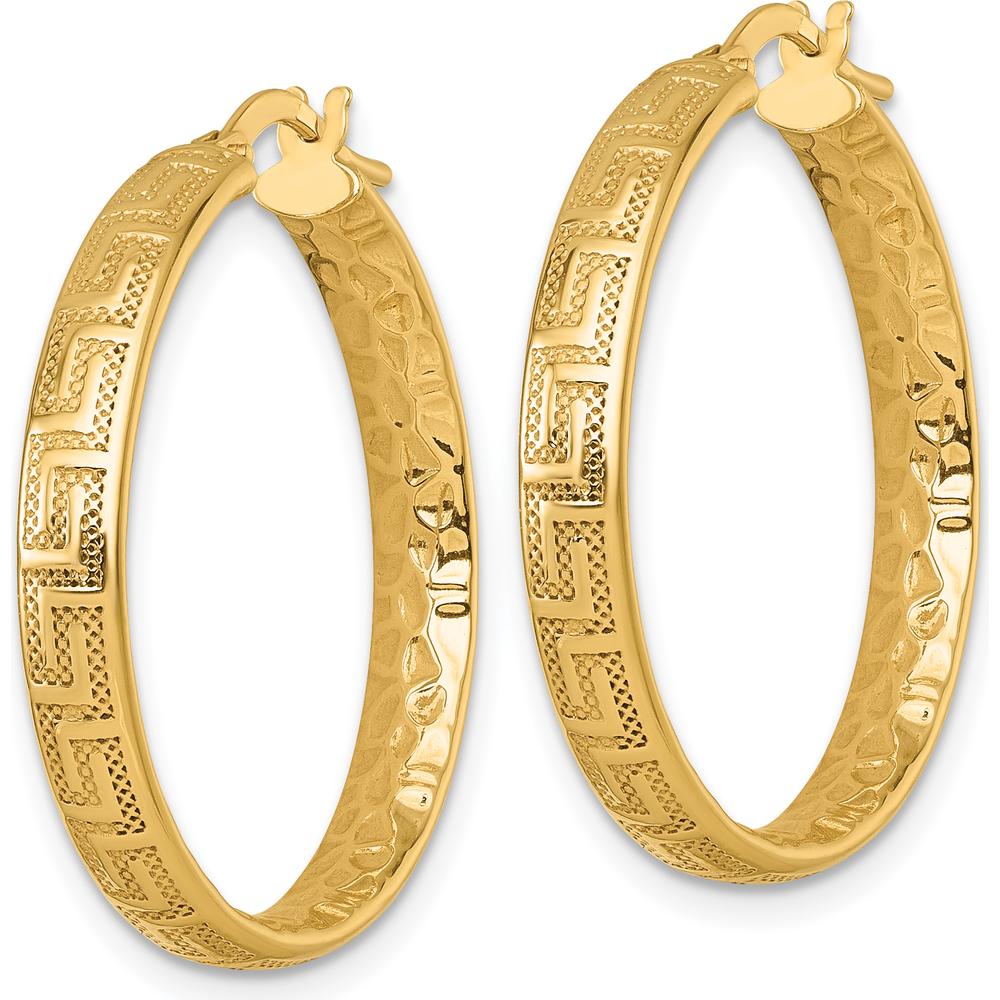 14K Yellow Gold Greek Key Design Textured Tube Hoop Earrings - 28mm by 0