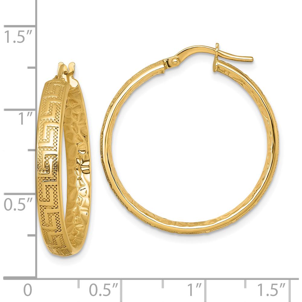 14K Yellow Gold Greek Key Design Textured Tube Hoop Earrings - 28mm by 0
